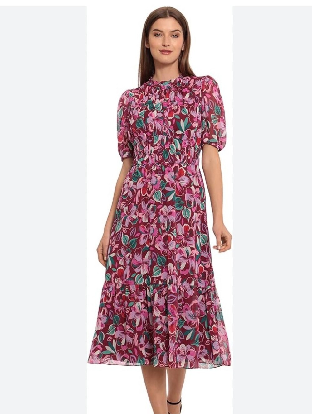Floral Pink Midi Dress with Puff Sleeves
